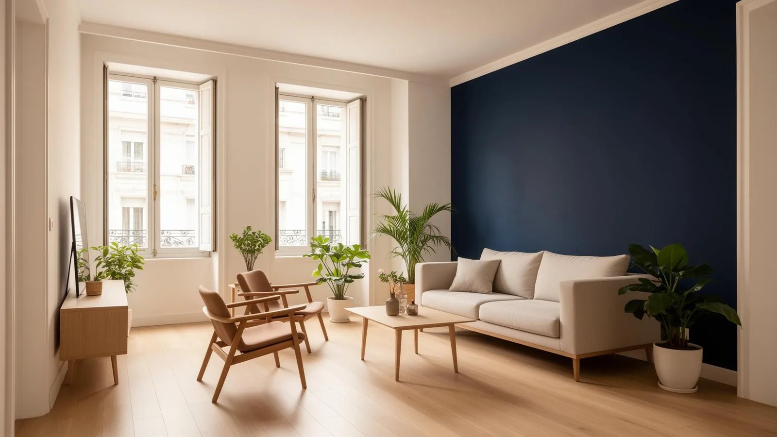 Living de departamento recién pintado en CABA con pared acento azul